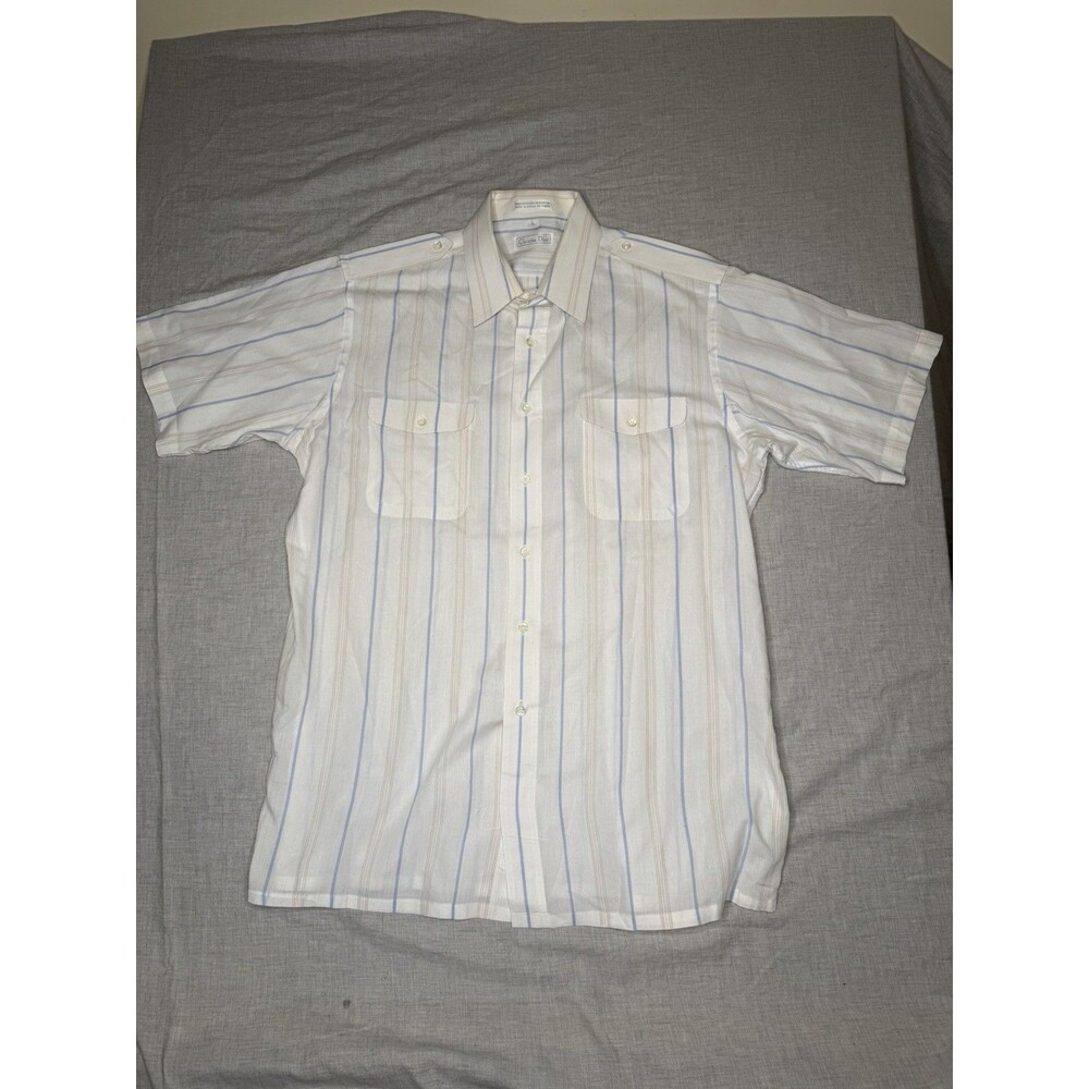 Vintage Christian Dior Mens L Short Sleeve Striped Button Up Shirt Beige/Blue